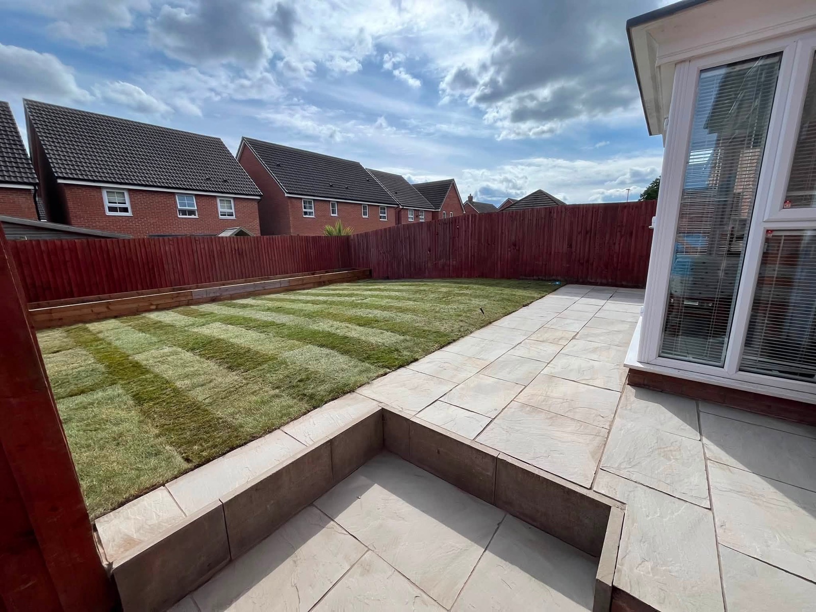 Finished landscaped garden with a new lawn, patio and sleeper-edged planting bed